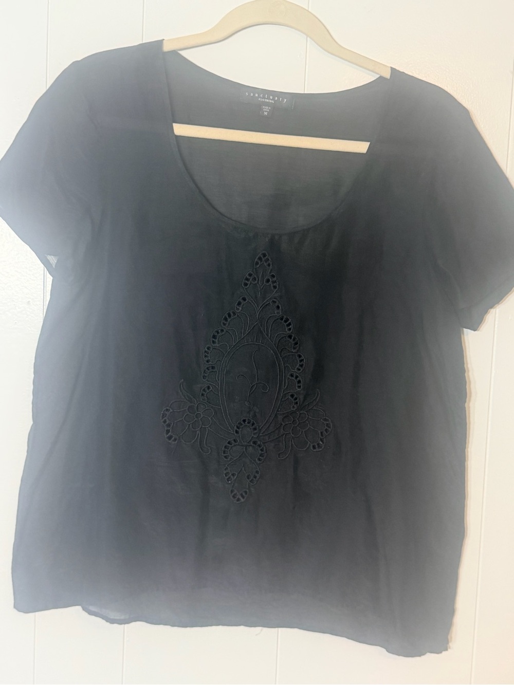 Sanctuary Clothing Black Embroidered cotton and silk Scoop Neck Top